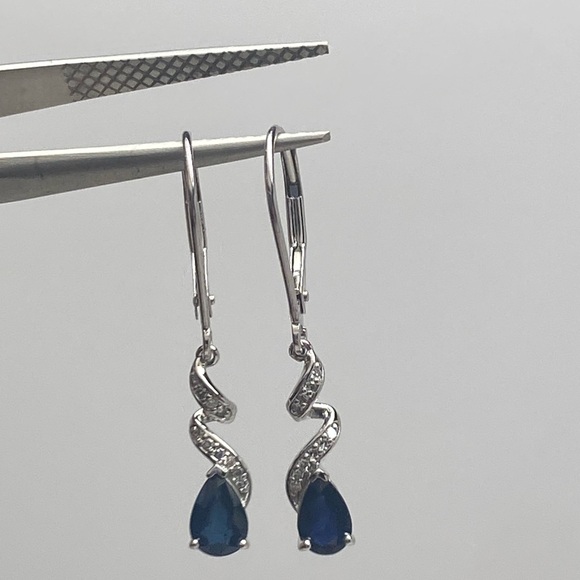 10K White Gold Natural Sapphire and Diamond Leverback Earrings NEW